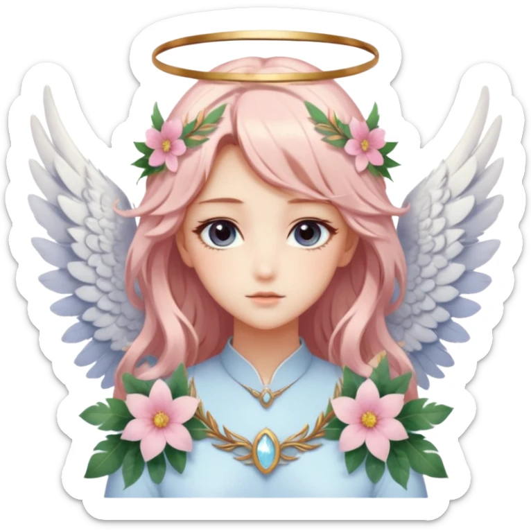 Romantic Dreamy pretty pastel anime flowers feathers wings angelic laurel lady with pretty hair and gorgeous eyes aesthetic sticker
