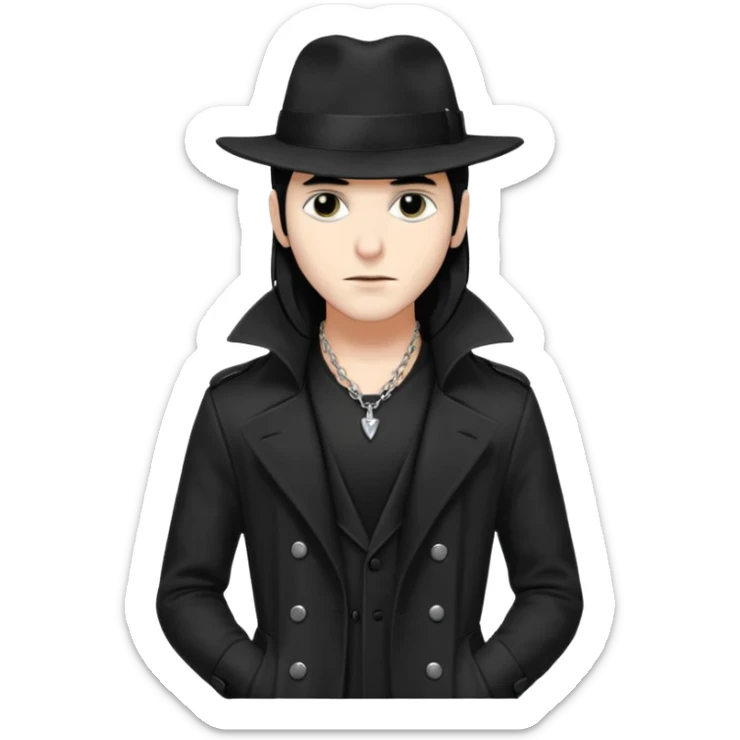 Male Goth with Fedora
 Sleek long hair, white skin, black trench coat, silver necklace visible under coat sticker