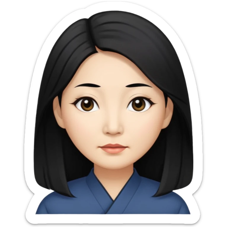 50 yr old asian woman, straight thick long black hair, big black, side part,  sticker