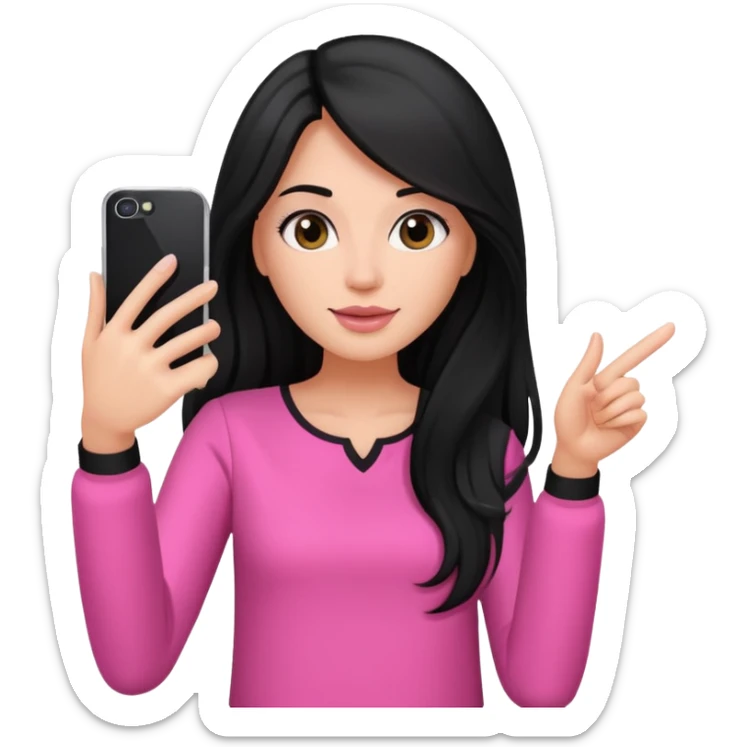 black long haired woman with pink blouse holding her phone having selfie sticker