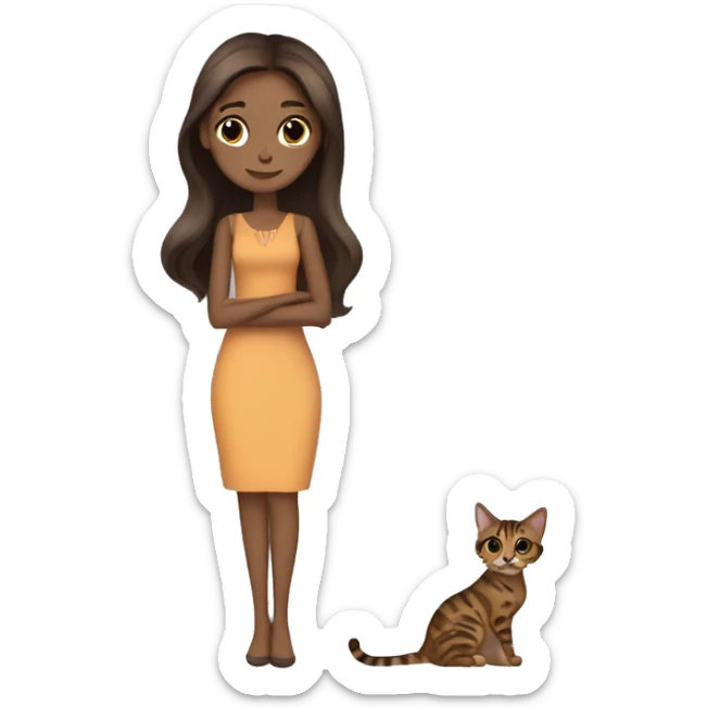 Beautiful skinny woman long dark brown hair in dress hug bengal cat sticker