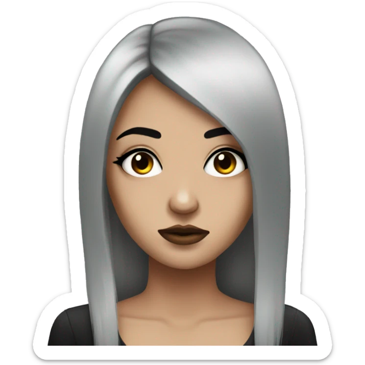 Emo woman with eyeshadow, black long hair, one eye covered by her hair sticker