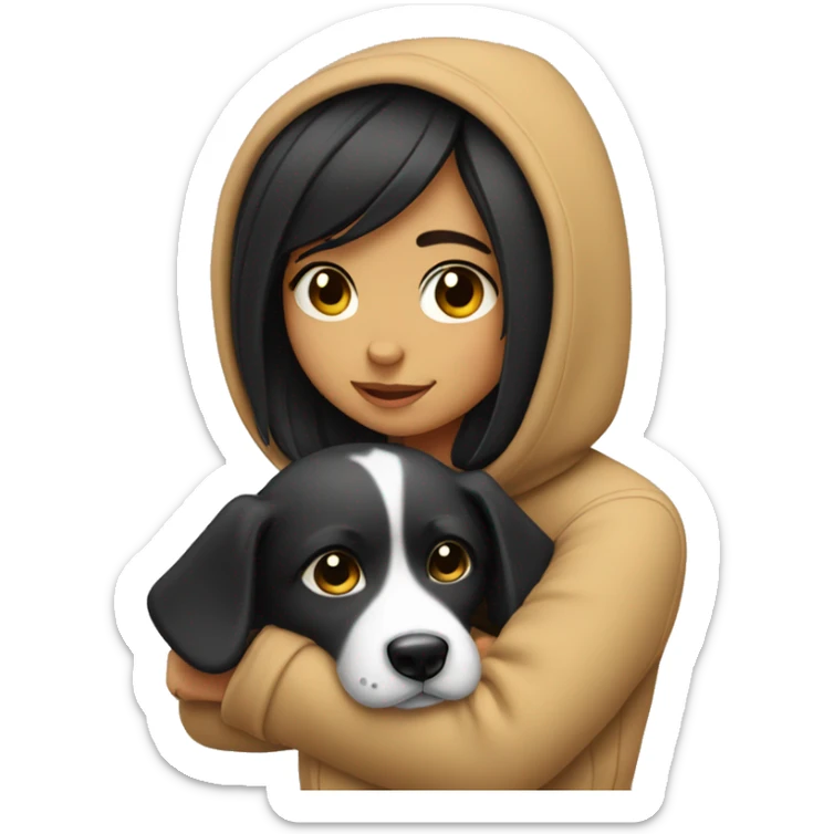 A girls wearing a cozy hoodies cuddling with her dog with black hair and brown eyes and tan skin sticker