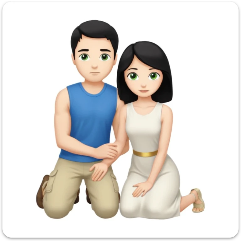 Man as prince, upright, black Hair, blue eyes, woman, blonde, green eyes, shott white sleveless Dress, kneeling, background palace sticker