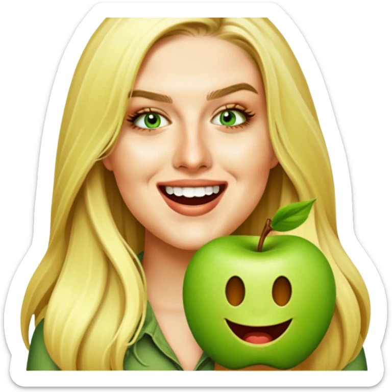 Edit the image to depict a blonde with long hair and swamp eyes laughing, in the apple emoji style. sticker