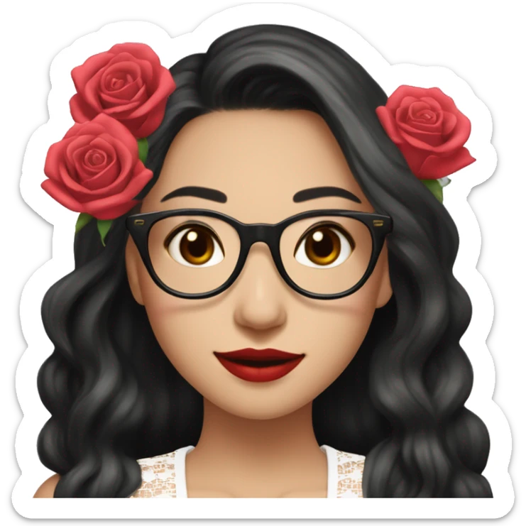 Asian girl, smiling with teeth, fair skin, black long hair, black eyes, black glasses with gold frames, red lipstick, wearing a white lace tank top and a black office jacket on top, with pink and red roses around her sticker