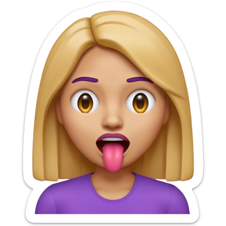 A 3D emoji-style woman with a dead-face vibe: X-shaped crossed-out eyes, mouth open with tongue sticking out slightly, lifeless cartoon expression. She has light caramel brown skin, smooth glossy emoji texture, rounded face, shoulder-length hair, wearing a purple top. sticker