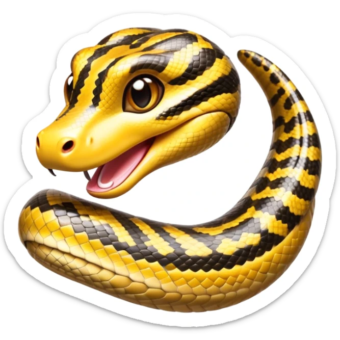 cinematic-cute-anaconda-portrait-emoji,-head-tilted-playfully-and-inquisitively,-with-a-sleek,-shimmering-body-adorned-with-detailed-scale-sriped patterns-and-round,-sparkling-eyes-full-of-wonder,-simplified-yet-irresistibly-adorable-features sticker