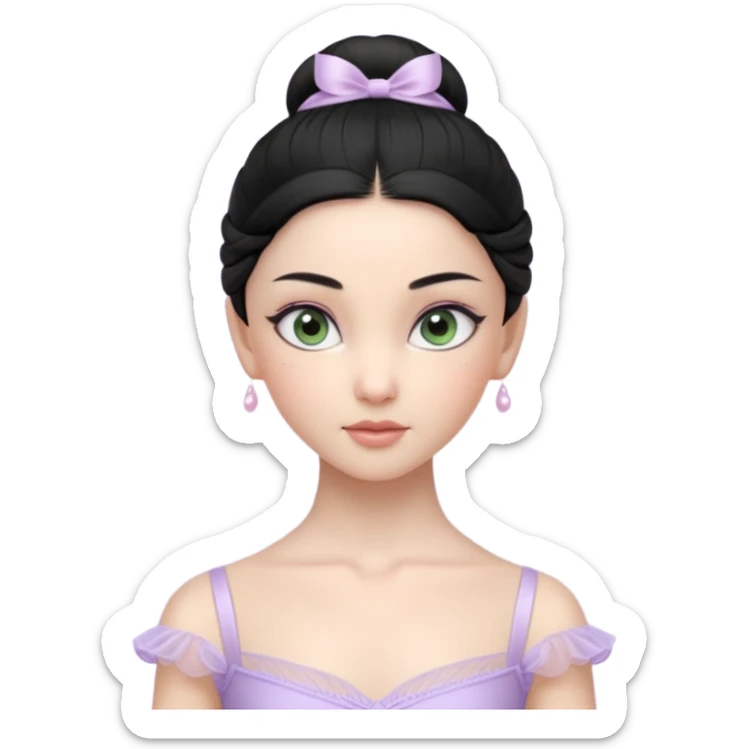Cinematic Realistic ballerina Light Purple Portrait, depicted with lifelike skin texture, subtle rosy undertones, and soft natural lighting that enhances the gentle contours of her face. Her intricately detailed sweet black hair is elegantly styled, green eyes sticker