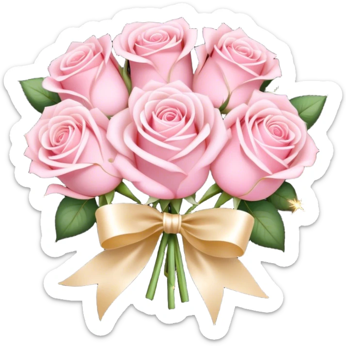 Romantic bouquet of pastel pink roses tied with an ivory satin ribbon, delicate golden sparkles. sticker