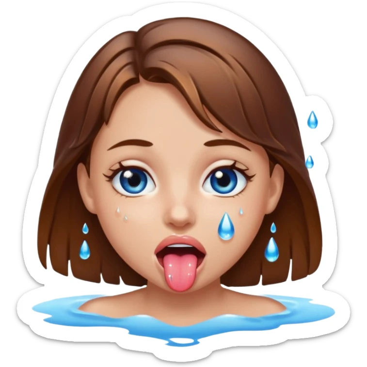 Girl with brown hair, blue eyes, a wet face and her tongue out. Can you make her face more wet? Can you add clear water droplets on her face and tongue? sticker