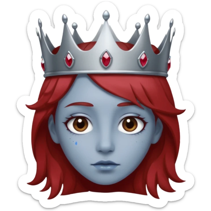 grey head with right eye blue and left eye red. he has messy brown hair and a silver crown with rubies on it sticker