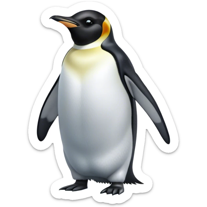 Cinematic Noble Emperor Penguin Portrait Emoji, Poised and regal, standing proudly on icy terrain with crisp black and white plumage and determined, deep-set eyes, Simplified yet sharp and sophisticated features, highly detailed, glowing with a soft, dignified polar glow, high shine, intelligent and stalwart, stylized with an air of imperial command, focused and resolute, soft glowing outline, capturing the essence of a watchful and confident arctic guardian that feels as though it could waddle out of the screen with effortless authority! sticker