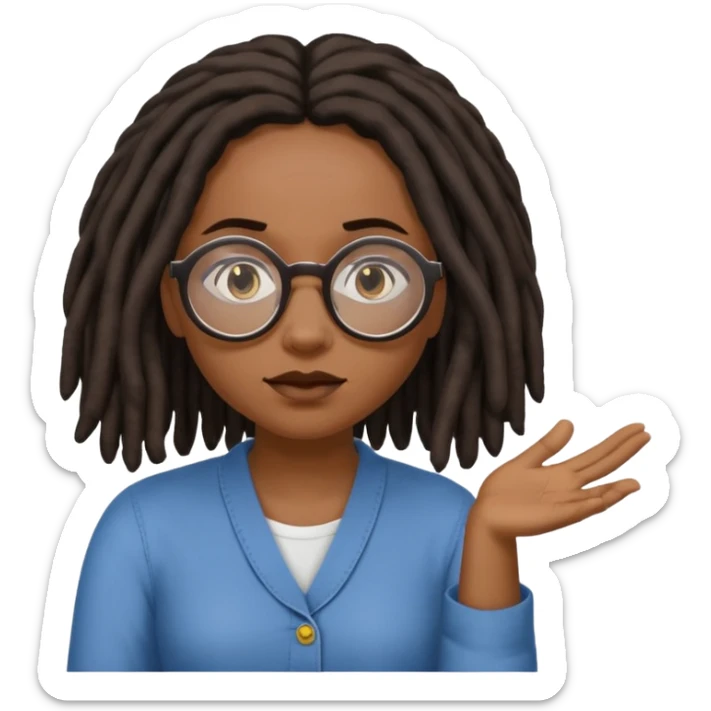 darker skin female with dark dreadlock hair wearing large round glasses shrugging her shoulders sticker
