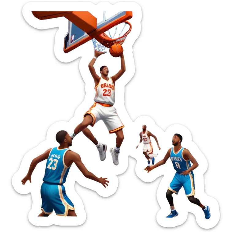 An icon showing a basketball court with players in action, inspired by NBA 2K25. A player jumps for a dunk, the ball mid-air, surrounded by a vibrant basketball arena with cheering fans and bright lights. Transparent background emphasizes the intense atmosphere sticker