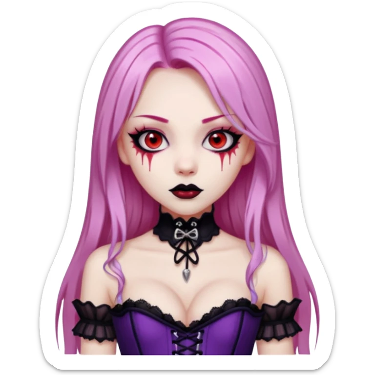 pretty scary girl, long straight LIGHT pink HAIR,SCARY RED eyes, black eyeliner, pale skin, purple corset clothes with laces sticker