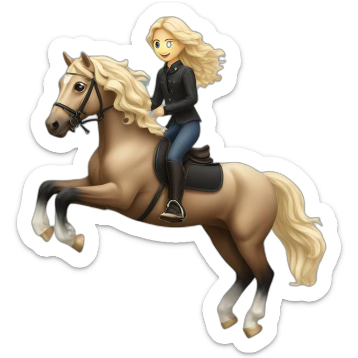 blonde girl with wavy hair riding friesian horse jumping sticker
