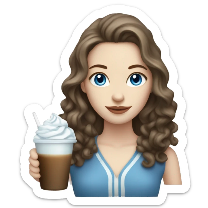 Pale skin women with brown wavy hair and blue eyes drinking ice latte  sticker