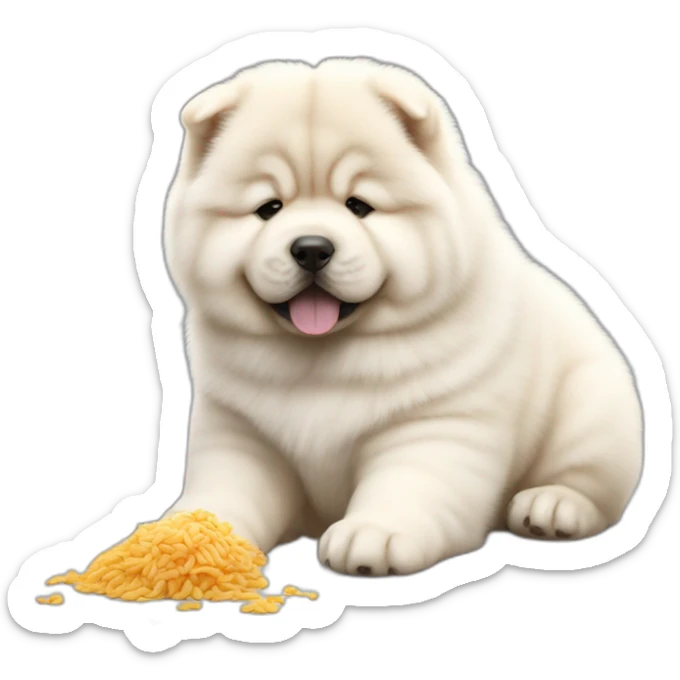 Chow chow white pup,eating a food,young cute,furry shiny dog cute, realistic, young,sitting on floor, beautiful picture, 4k, 16k sticker