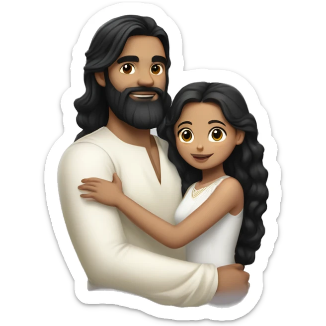 Light skin;Black long hair girl  in a white saree hugging with a man with black beard and hair on top sticker