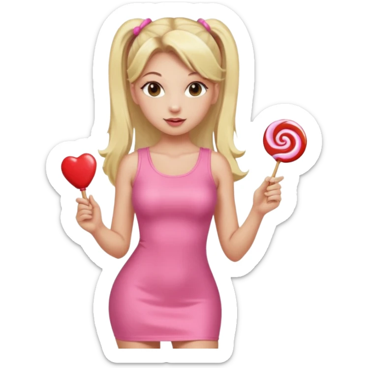 Beautiful woman with long blonde ponytails wearing light pink bodycon dress holding a lollipop sticker