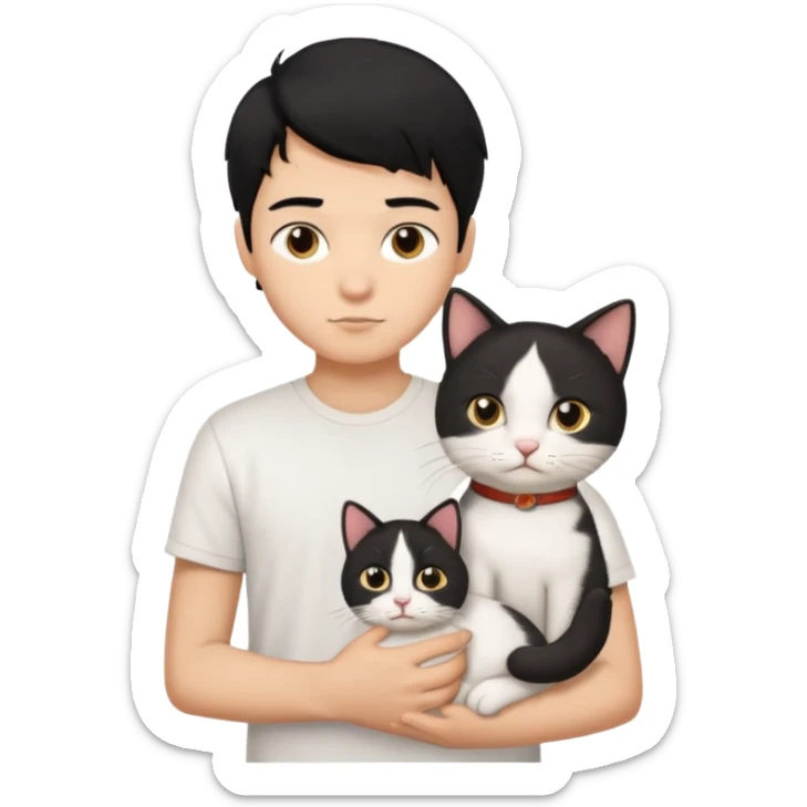 generate a pretty bratz emoji of a boy with black hair wearing a white tshirt and holding a cat  sticker