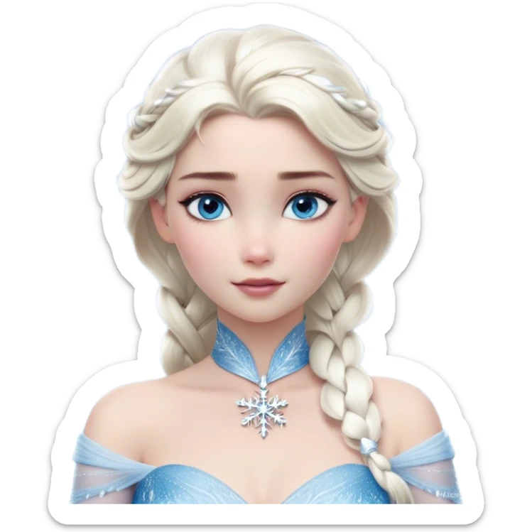 Cinematic Realistic Elsa Portrait, depicted with lifelike skin texture, soft natural lighting, and intricately detailed platinum blonde hair styled elegantly. Her striking, expressive blue eyes exude confidence and grace, complemented by a serene and regal expression. She holds a shimmering snowflake delicately in one hand, her other hand resting against her gown, embodying the power and beauty of winter. She is dressed in her signature icy attire, with shimmering fabric textures and delicate folds that catch the light beautifully. The portrait features a soft, enchanting glow with a cool, radiant finish, capturing the essence of timeless elegance in a realistic and painterly style. sticker