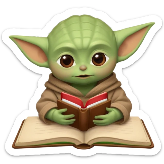 Baby Yoda con su tunica chocolate escribiendo en un cuaderno sobre un escritorio en un aula de clases sticker