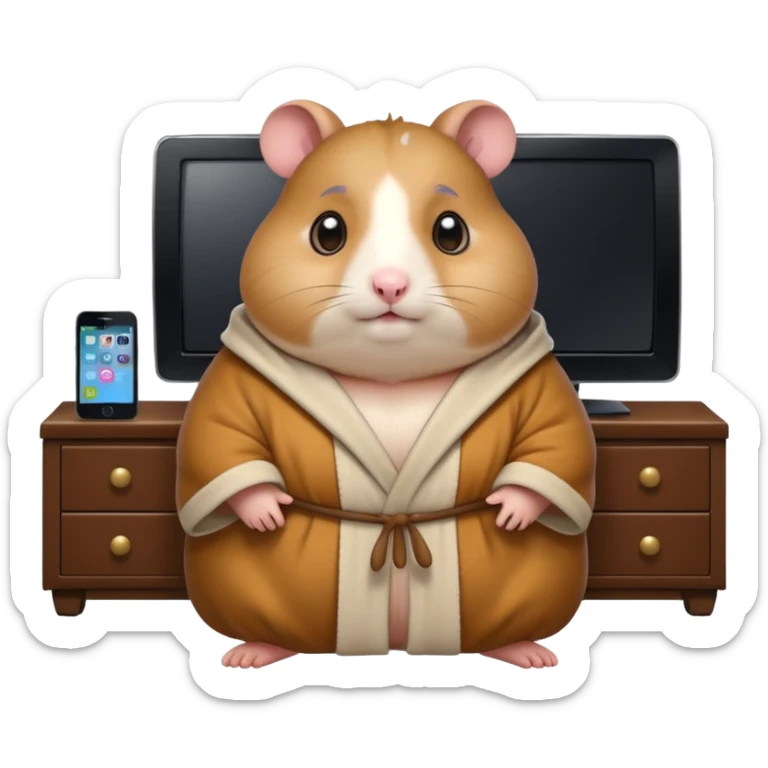Funny cartoon-style fat hamster with big wide eyes watching tv at 3am sticker