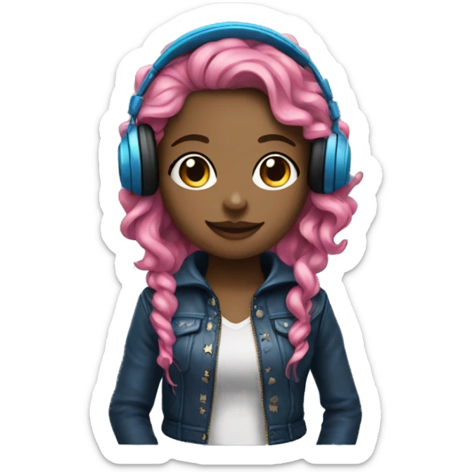 hotgir; rock; leather; girl; pink and blue long curly hair with headphones sticker
