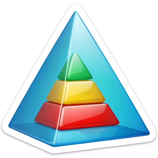 “Cute 3D cartoon emoji sticker of a pyramid made from glossy plastic glasses (blue, green, red). Soft lighting, smooth shadows, playful look, glossy plastic texture, white sticker outline, transparent background, high resolution.” sticker