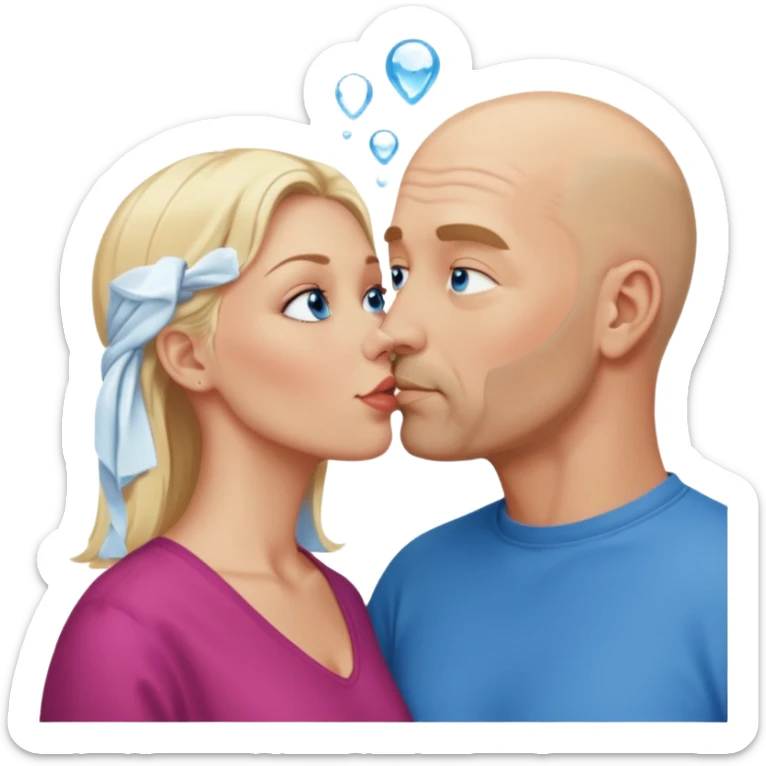 middle aged bald man with salt and blonde scruff, blue eyes and blonde woman with blue eyes kissing each other sticker