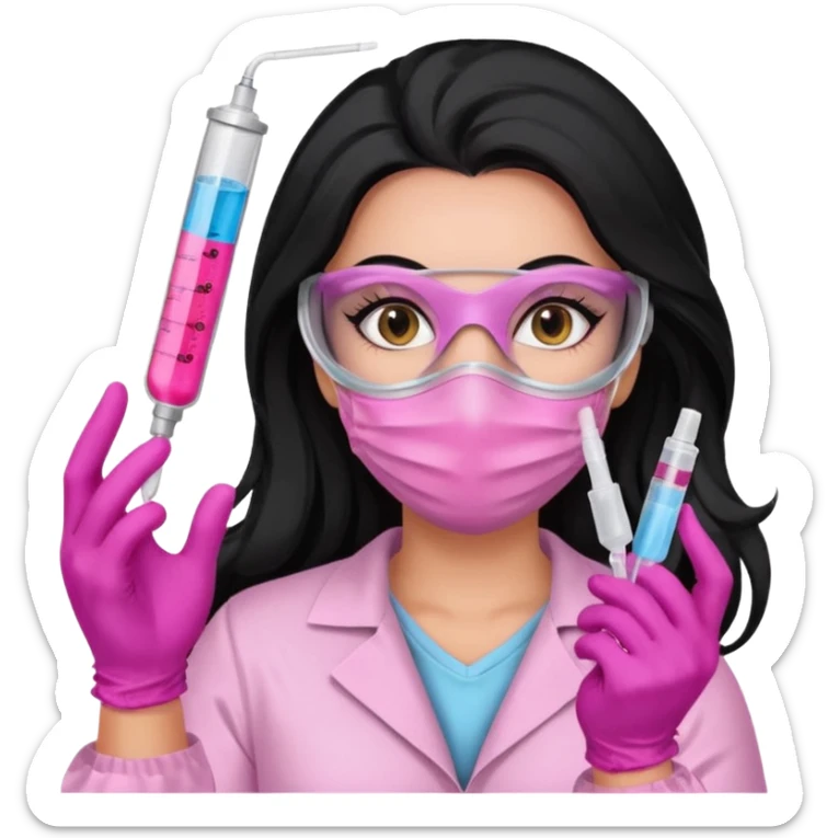 laboratorista con guantes rosa y mascarilla rosa  jeringa tubos  pelo negro largo triguella sticker