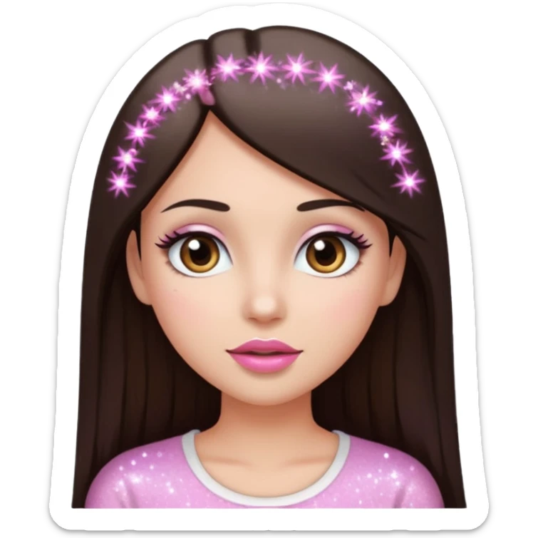 A young woman with long straight dark bown hair, big brown eyes, long eyelashes, pink lips, wearing a plain white top, in emoji style with sparkles in her hair sticker
