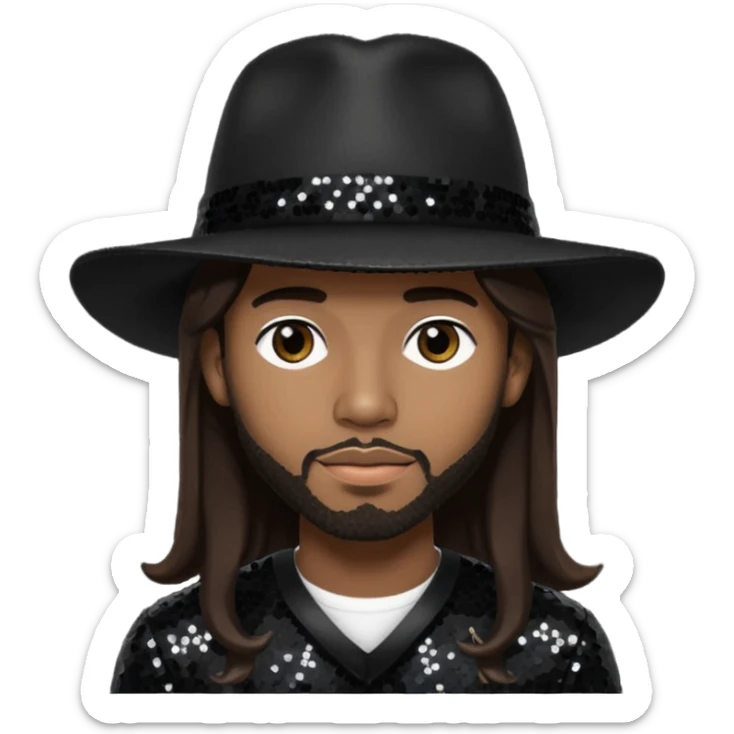 Ahmad "Real" Givens with long dark brown hair, black sequin outfit, black hat sticker