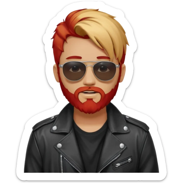 generate an ios genmoji of a 20 year old tan boy with black sunglasse Wearing a leather jacket. Has a dyed blonde beard and veryyyyy long red sticker