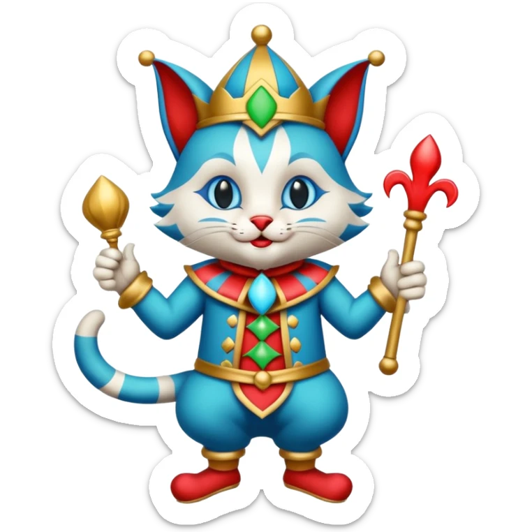 crazy colorful cute little cat jolly joker from poker, medieval, vintage, court jester, mac os icon, blue color, full body sticker