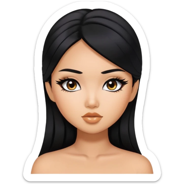 asian tanned beauty standard, black hair, pretty bratz baddie, black eyeliner sticker