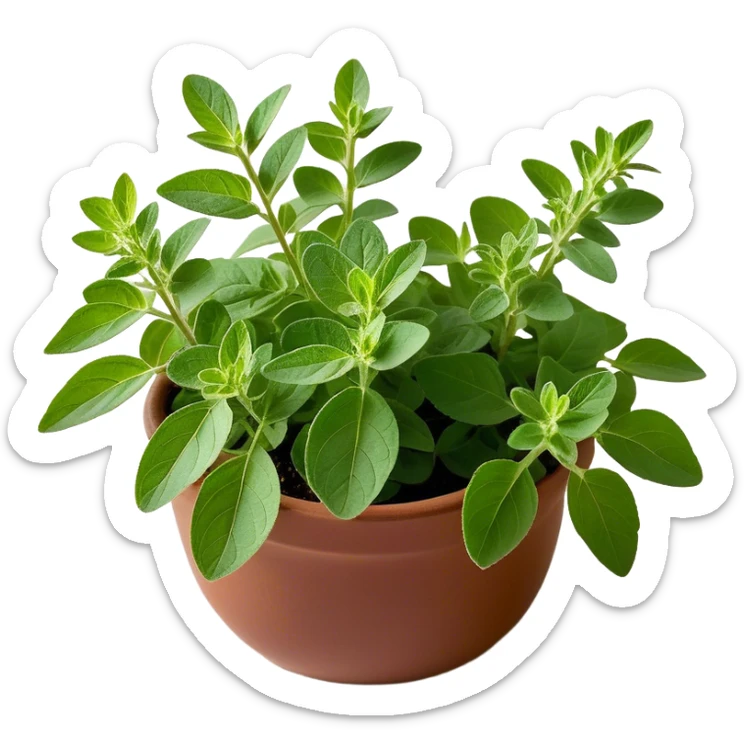 Cinematic Realistic Oregano Emoji, Bold and aromatic, with dark green leaves that radiate flavor and warmth. The plant’s rounded leaves create a lush, hearty growth, while the distinct scent invites comfort and coziness. Soft glowing outline, capturing the essence of bold flavor and herbal richness in a sprig of oregano! sticker