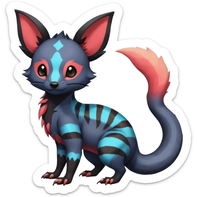Rare exotic cute epic aesthetic gothic colorful Salandit-Eevee-Civet-species-Fakemon-hybrid-creature, with markings, full body sticker