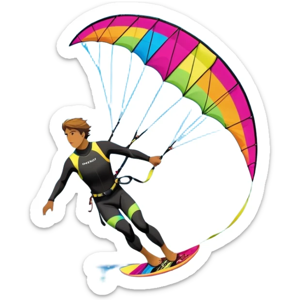 A vibrant kite soaring high in the sky, attached to a kiteboarder riding the waves below. The scene is filled with bright colors, capturing the energy of the sport. The background features the ocean, wind-blown waves, and a clear sky, showcasing the excitement and freedom of kiting. sticker