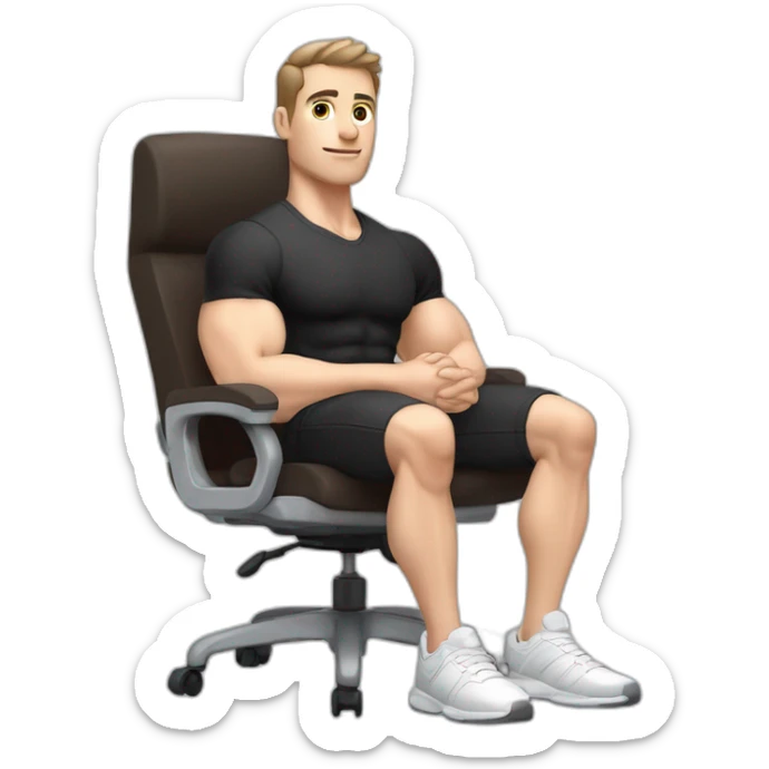 Pale skinned Fit Man With the biceps and dark brown hair in black shirt, gray sports shorts and white Sneakers Sitting on a chair sticker