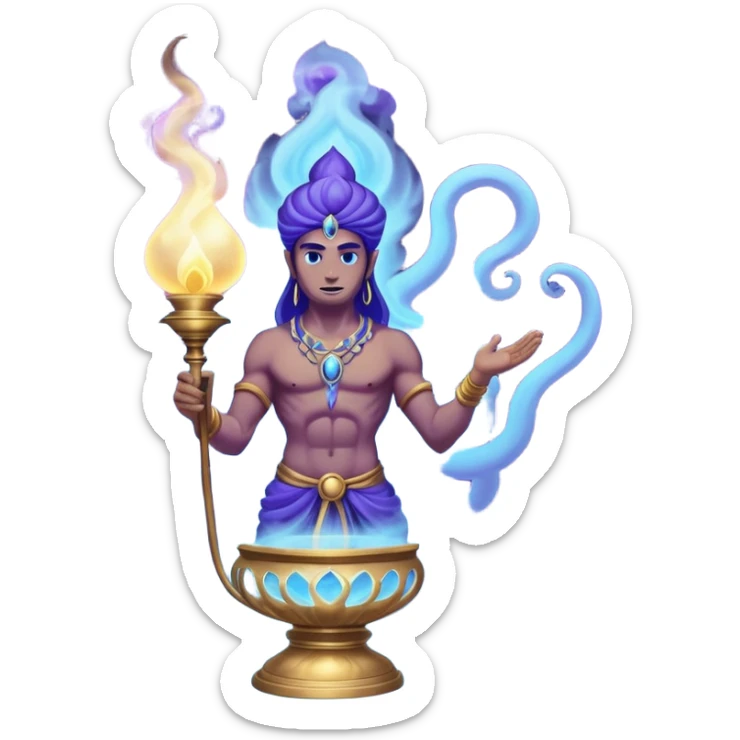 mystical fantasy illustration of a powerful jinn emerging from an ancient golden lamp. Glowing blue and purple smoke spirals upward in a smooth circular motion, creating the illusion of a looping animation.  sticker