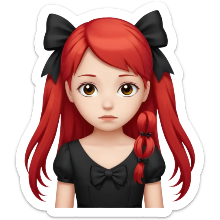 red long twin tail hair girl with black bow on her hair wearing black dress with a sad face sticker