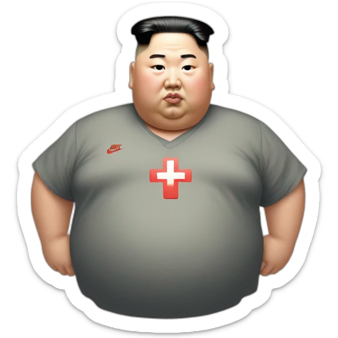 super fat Kim jong un wear shirt with a white cross which is NIKE LOGO sticker