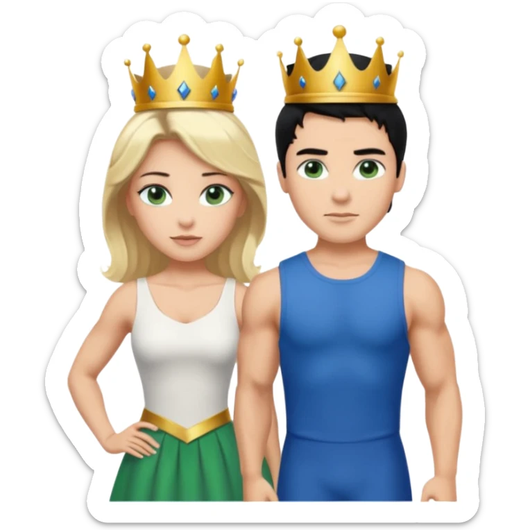 Prince with crown, black hair, body, legst, blue eyes, woman blonde hair, green eyes, sexy white short sleveless dress,  sticker