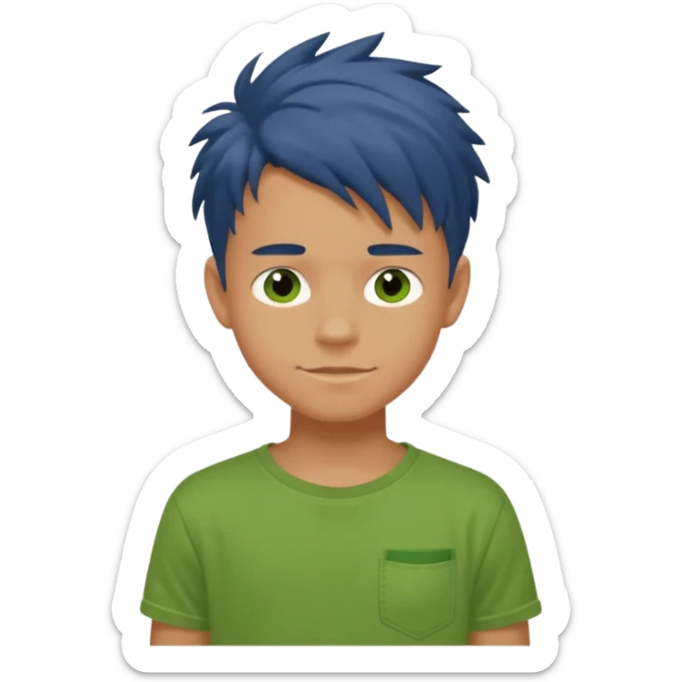 A 14 yerar old teenage boy, slightly tanned, wearing a green tshirt (no shirt pocket), blue jeans and green sneakers with brown tousled hair, smirking sticker