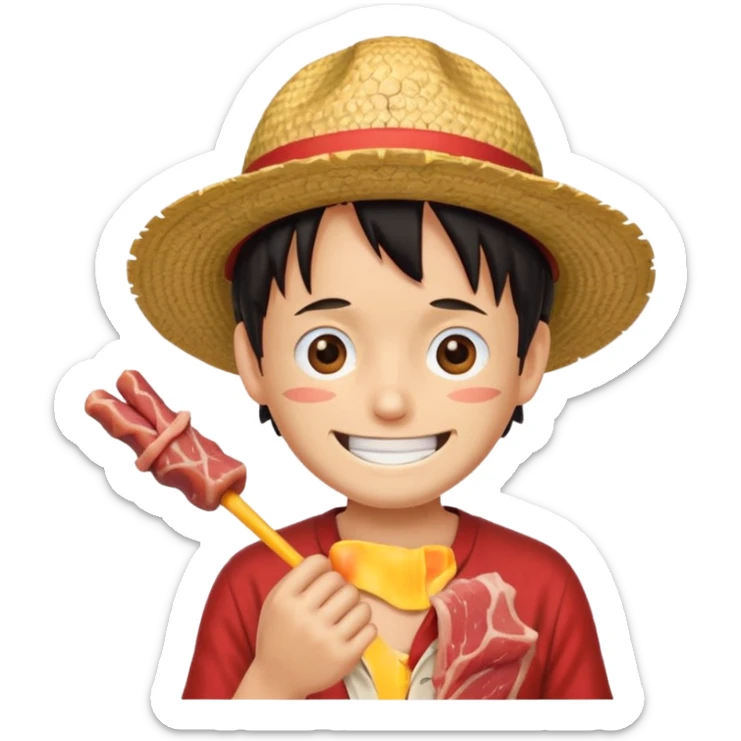 An emoji of luffy in a straw hat in one piece eating meat and laughing.  sticker