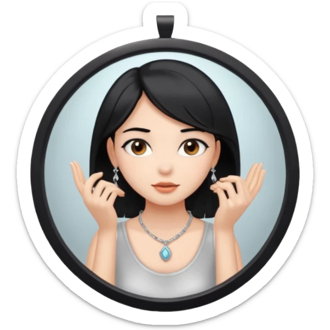 A girl with black hair, brown eyes and fair skin talking to herself in a mirror sticker