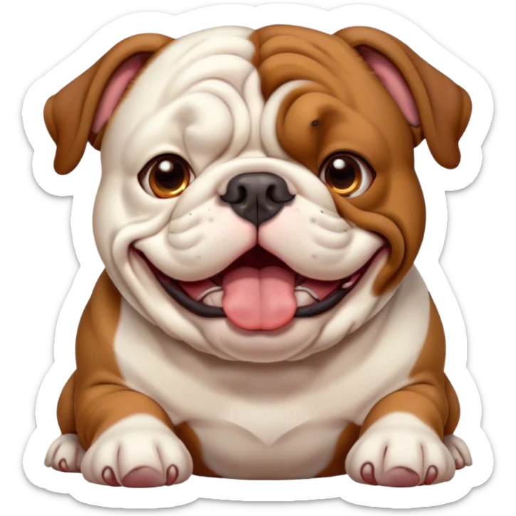 Cinematic Cute Yawning Brown and White English Bulldog Portrait Emoji, Head tilted slightly with a dramatic, wide-open yawn, showcasing a smooth brown and white coat with a defined pattern, floppy ears slightly drooping, round brown eyes barely open in drowsy contentment, Simplified yet irresistibly adorable features, highly detailed, glowing with a soft, cozy glow, high shine, relaxed yet expressive, stylized with a touch of whimsy, bright and endearing, soft glowing outline, capturing the essence of a sleepy yet affectionate guardian, so drowsy it feels like it could stretch out of the screen and curl up for a nap! sticker